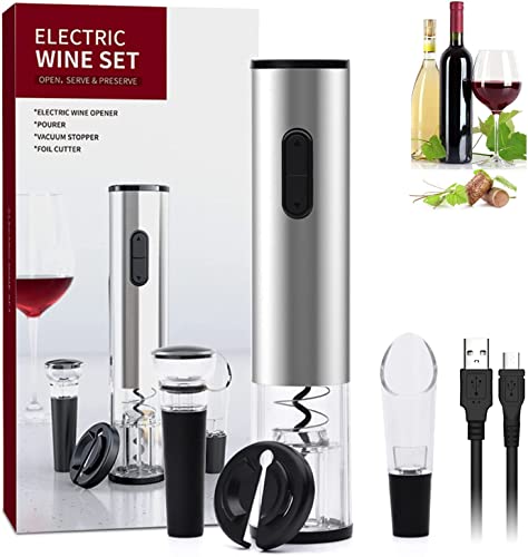 Cavatappi Elettrico per vino, Ricarica USB Set di Apribottiglie Elettrico 5 In 1 con Tagliapasta Stagnola, Tappo del Vino di Vuoto, Versatore