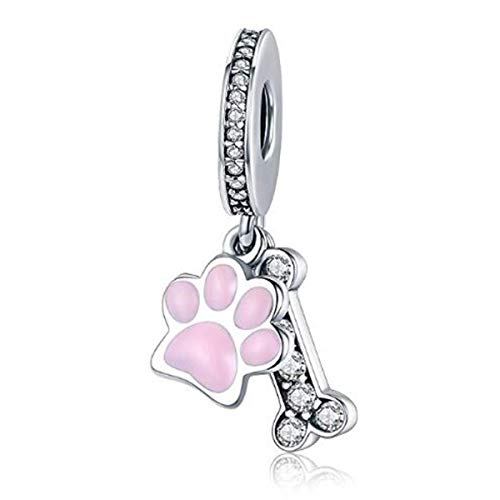 Ciondolo a forma di osso, in vero argento Sterling 925, con scritta  I Love My Dog , per braccialetti Pandora. e Argento, colore: Charm a forma di zampe di cane rosa., cod. YS-S3331