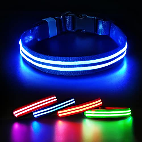 Collare Luminoso per Cane Ricaricabile Regolabile - Collare per Cane LED USB 3 Modalità Impermeabile Regolabile Super Luminoso Collare di Sicurezza per Cani di Taglia Piccola Medio Grande - Blu - M