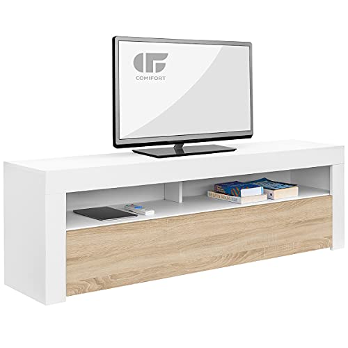 COMIFORT TV Mobile - Tavolino in stile moderno con porta a battente e ampi ripiani, molto robusto, realizzato in Europa, colore bianco e rovere