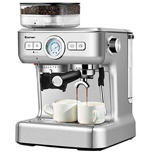 COSTWAY Macchina da Caffè Automatica Espresso e Cappuccino, per Macinato e Cialde, Controllo Temperatura, Serbatoio Acqua 2 L, Acciaio INOX