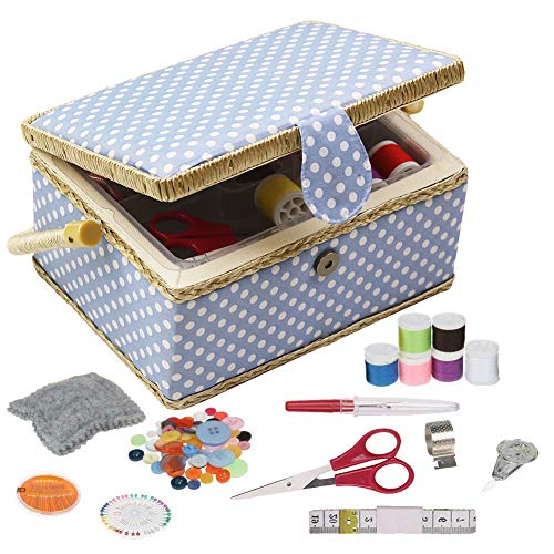 D&D, scatola da cucito con kit da cucito con accessori, cestino organizer in legno con accessori per la casa e per i viaggi, color blu a pois, grande medium Blue