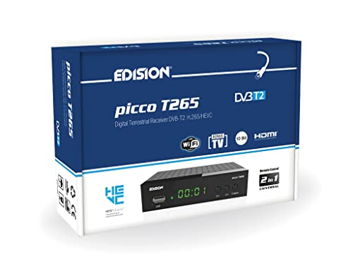 Decoder DVB-T2 HD EDISION PICCO T265 Ricevitore Digitale Terrestre Full HD DVBT2 H265 HEVC 10 Bit Bonus TV, FTA, USB, HDMI, SCART, Sensore IR, Supporto USB WiFi, Telecomando Universale 2in1, Main 10