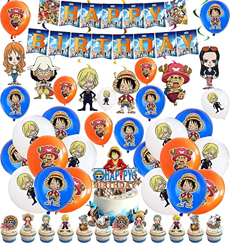 Decorazioni di Compleanno One Piece Palloncini Striscioni di Buon Compleanno Topper per Torta Ornamenti Spirali per Bambini Anime Festa di Compleanno Decorazione