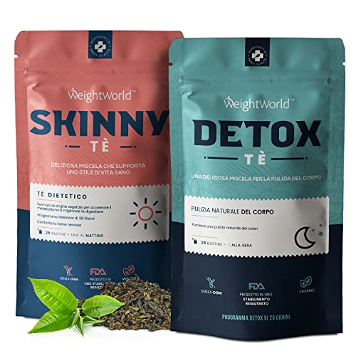 Detox Tea + Skinny Tea - Tisane Drenanti con 56 Bustine Mattina & Sera - Combo Detox, Drenante, Depurativo, Antiossidante - Contiene Tè Verde, Zenzero, Dente di Leone, Menta - Integratore Dietetico