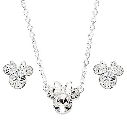 Disney Minnie Mouse Crystal Necklace and Stud Earrings and Set, Mickey s 90th Birthday Anniversary; Silver Plated Jewelry for Women