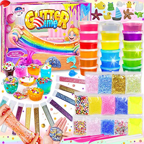 DIY Slime Kit Set, Kit Fluffly Slime per Fai da Te Creativo Ragazze Ragazzi Giocattoli con 18 colori di Crystal Slime, Bagliore nella Polvere Scura, Polvere Glitterata e Altro per bambini di età 5+