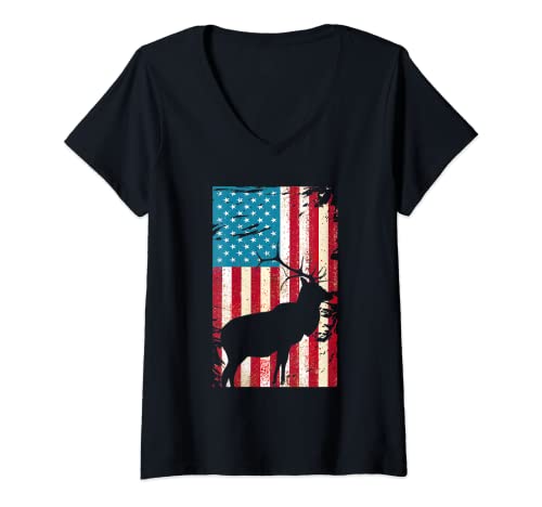 Donna cacciatori americani, 4, luglio, caccia, cervo, vendemmia, bandiera USA Maglietta con Collo a V