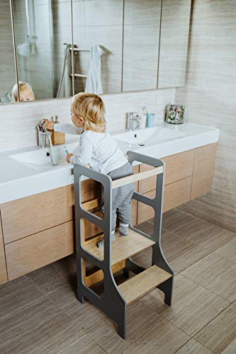 Duck WoodWorks - Sgabello da cucina per bambini, moderno, per bambini e bambini, ideale per la cucina e il bagno, in legno Montessori Tower (grigio)