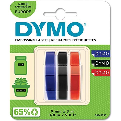 Dymo S0847750 Etichette Autoadesive a Rilievo in Vinile, Rotoli da 9 mm x 3 m, Nero Blu Rosso, Confezione da 3