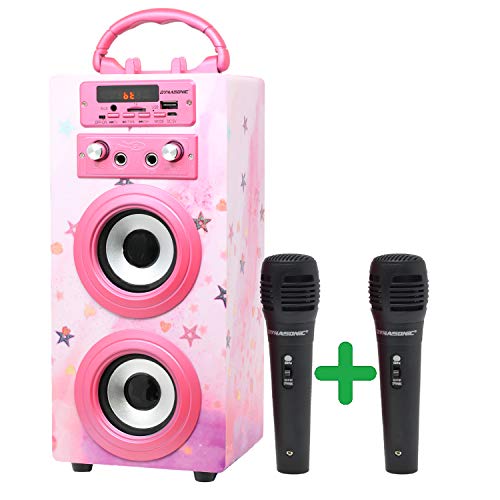 DYNASONIC (3a generazione) - Altoparlante Bluetooth portatile per karaoke con microfoni inclusi | Lettore USB e SD, radio FM, modello 025 (rosa brillante)
