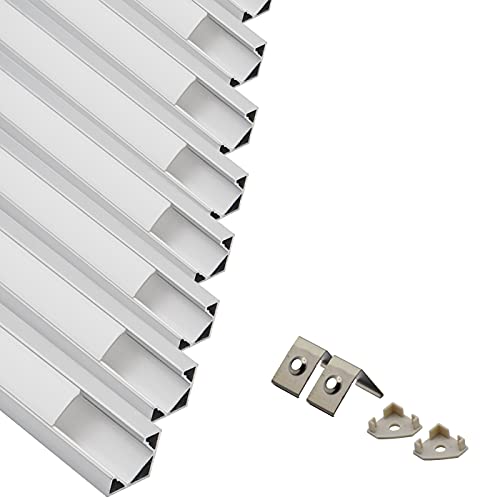 Eurekaled - 10 pezzi di Profilo in Alluminio da 1mt Barra Angolare 45 Gradi per Strisce LED con Cover Opaca in Plexiglass, Tappi e Ganci per il Montaggio cod. 11242
