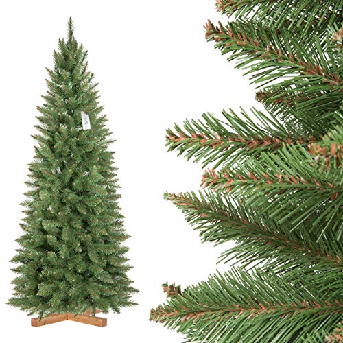 FairyTrees Albero di Natale Artificiale Abete Rosso Peccio Naturale Slim, Tronco Verde, PVC, Supporto in Legno, 180cm, FT12-180