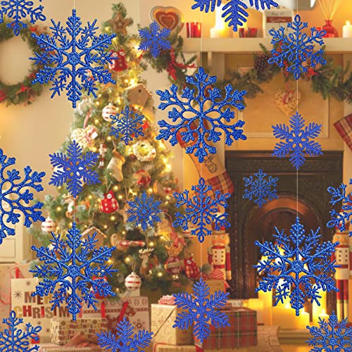 Fiocco Neve Natale Decorazioni, 20 Pezzi di Fiocchi di Neve Bianchi Glitter Ornamenti di Fiocchi di Neve Invernali con 20 Pezzi di Decorazioni per l Albero di Natale in Corda d Argento (Blu)