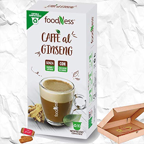 Foodness Capsula Caffè al Ginseng Compatibile Nespresso Con Zucchero Di Canna - 4 Box da 10 Capsule [Tot. 40 Capsule] Il Più Venduto.