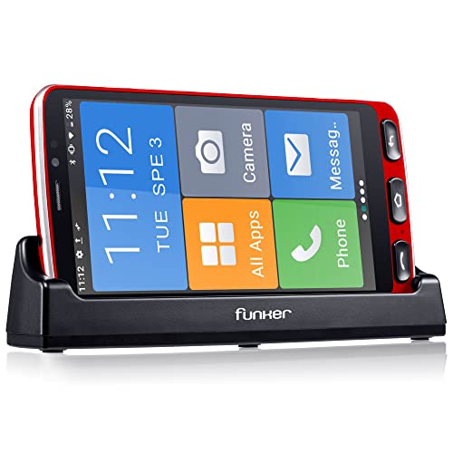Funker E500I Easy - Telefono cellulare smartphone 4G con Whatsapp per persone anziane, tasto SOS, base di carica, coni XXL, schermo da 5,5  pollici HD, 16 GB di memoria ampliabile, Android 10 (rosso)