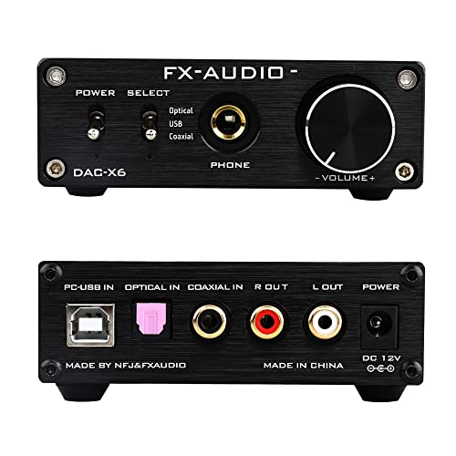 FX-Audio DAC-X6 Mini HiFi 2.0 Decodificatore audio digitale DAC Ingresso USB Coassiale Uscita Ottica RCA Amplificatore per cuffie 24Bit 96KHz DC12V (Nero)
