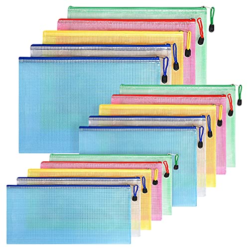 FYY Borse di File A4 + A5 + A6,15 pezzi(5 ciascuno)Sacchetto di Zip Impermeabile Mesh Sacchetto del Documento per documenti, carta, ricevute, documenti, cosmetici, sacchetti colorati,5 Colori