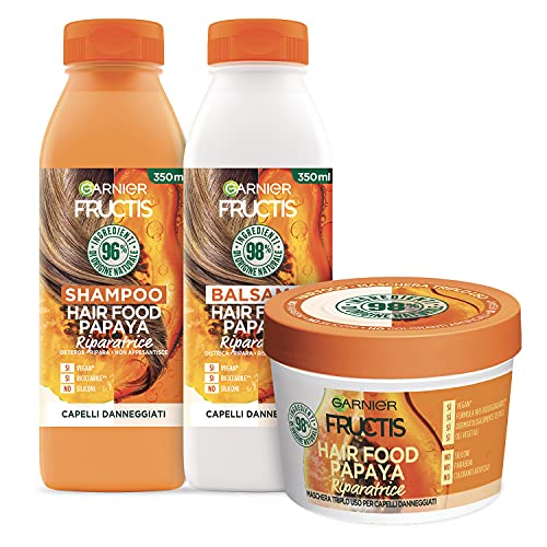 Garnier Fructis Hair Food Papaya Riparatrice, Kit con Shampoo, Balsamo e Maschera per Capelli Danneggiati, Fino al 98% di Ingredienti di Origine Naturale, Senza Siliconi