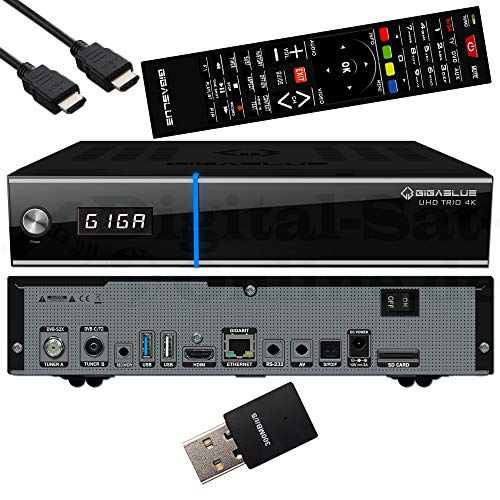 GigaBlue - Ricevitore combinato UHD Trio 4K per satellite, cavo e segnale terrestre, E2 Linux, TV, Smart TV Box e Media Player con funzione PVR, con cavo HDMI EasyMouse e USB, 300 Mbps