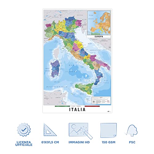 Grupo Erik GPE5125 Poster Mappa Italia Fisico Politico, carta, Mult...