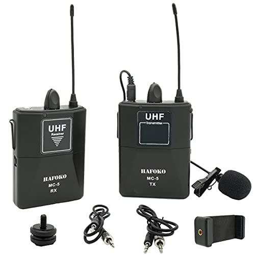HAFOKO MC-5 UHF 16 Canali Senza Fili Lavalier Microfono Wireless Videocamera Microfono compatibili per Fotocamere DSLR Videocamera Smartphone per Registrazione Video Programma Insegnamento Intervista