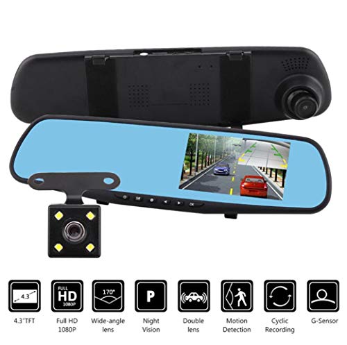 HaoYiShang Videocamera Full HD 1080p per auto, registrazione fronte e retro – dashcam con monitor da 4,2 pollici, specchietto retrovisore, visione notturna, tachigrafo