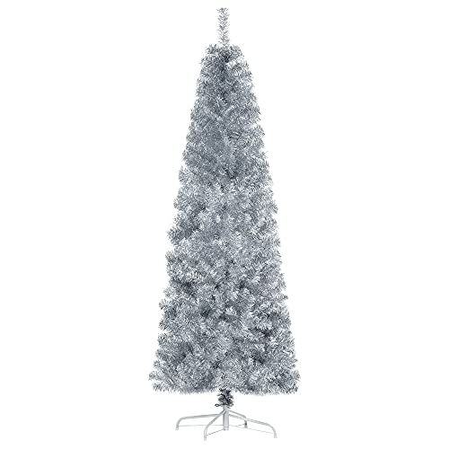 HOMCOM Albero di Natale Artificiale Alto 180cm con 618 Rami, Albero di Natale Slim con Base Rimovibile, in PET e Acciaio, Argento