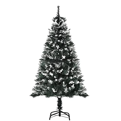 HOMCOM Albero di Natale Innevato 150cm con Bacche Decorative Bianche, Base Rimovibile Pieghevole, 378 Rami, Verde