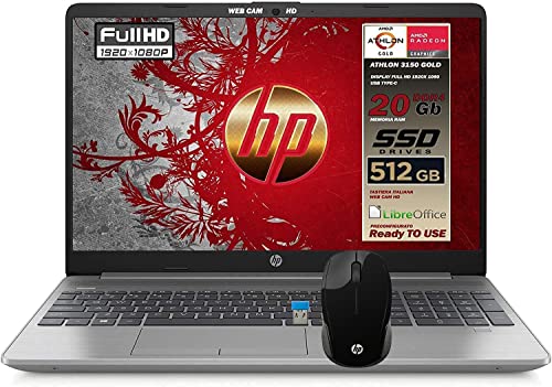 HP 255 G8 Silver Notebook Portatile, SSD M2 512GB, Display FullHD 15.6 , Amd A9 Gold 3150U fino a 3,3 GHz, 20GB DDR4, Wi-fi, 3 usb, webcam HD, Mouse Wireless HP, Win11 Pro, Pronto All uso, Gar. ITA
