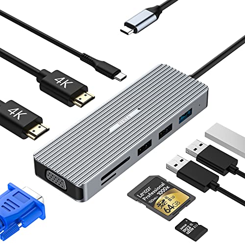 Hub USB C 3.0 4K Triplo Display 9 in 1Adattatore USB C Docking Station con Dual HDMI, VGA, PD3.0 100 W, USB 2.0, Lettore di schede SD TF