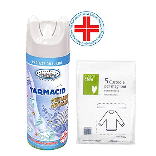 HYGIENFRESH Tarmacid Spray Antitarme Antiacaro Professionale per Tessuti - Ambiente-Guardaroba-Cassetti - fragranza Fresh Laundry, 400ml più 5 Pezzi custodie per Maglioni con Cerniera.