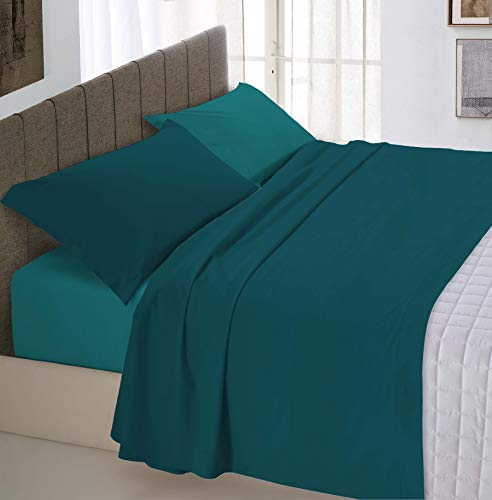 Italian Bed Linen Natural Color Completo Letto Doppia Faccia, 100% Cotone, Petrolio Verde Bottiglia, Piazza e Mezza
