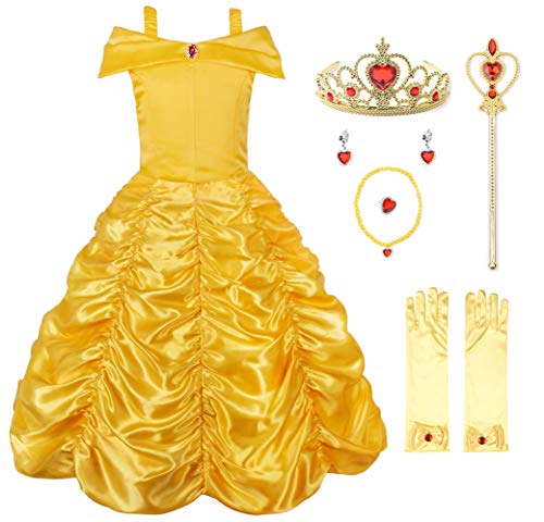 JerrisApparel Principessa Belle Carnevali Costume Vestito da Ragazze (4 Anni, Giallo con Accessori)