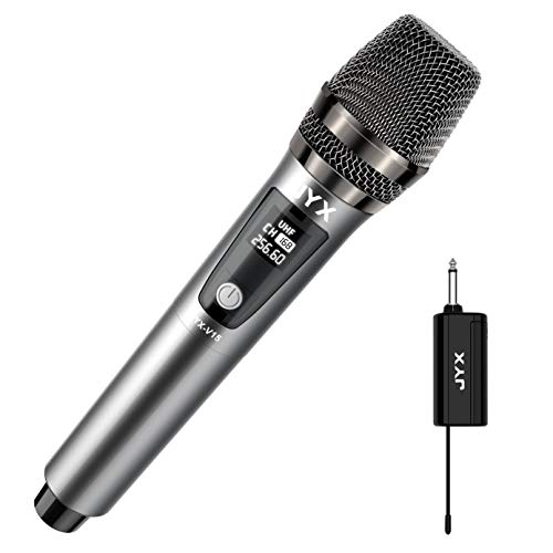 JYX Microfono Wireless UHF, sistema microfonico portatile cordless con ricaricabile, amplificatore, sistema PA, macchina da karaoke cantante,80ft Transmission Distance