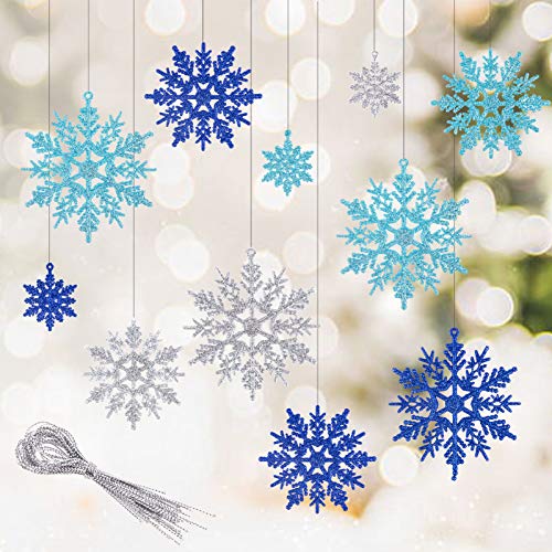 Kiiwah 30 Pezzi Fiocchi di Neve Ornamenti, Fiocchi di Neve Glitter da Appendere per Addobbi Albero di Natale e Ghirlande (Blu, Azzurro, Argento)