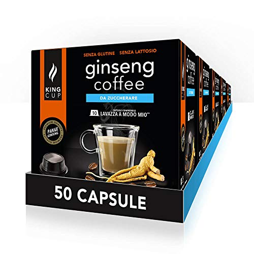 King Cup - 5 Confezioni da 10 Capsule di Ginseng da Zuccherare, 50 Capsule 100% Compatibili con Sistema Lavazza a Modo Mio di Bevanda al Gusto di Ginseng, Senza Glutine e Senza Lattosio