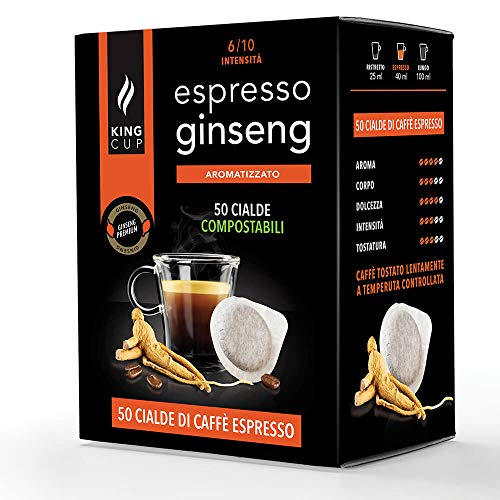King Cup - 50 Cialde di Caffè Ginseng, Cialda Compatibili con Macchina da Caffè E.S.E. dm 44mm, Espresso Ginseng in Cialda Compostabile Gettabile nell Umido