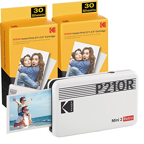 Kodak Mini 2 Stampante foto per cellulare, 6 Cartucce incluse, Istantanee formato 54x86mm, Bluetooth, Wireless, Portatile e compatibile iOS e Android - Bianca