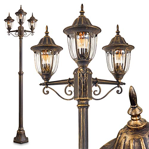 Lampione da Esterno 3 Luci Modello Ribadeo- Lampione da Giardino Design Classico Color marrone Oro- Illuminazione Esterna Vintage