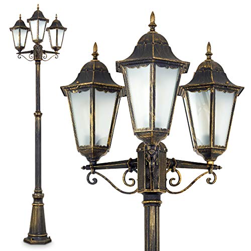 Lampione da Esterno a Tre Luci Design Classico- Lampione in Alluminio ad Altezza Regolabile con Paralumi in Vetro- Illuminazione per Giardino e Vialetto