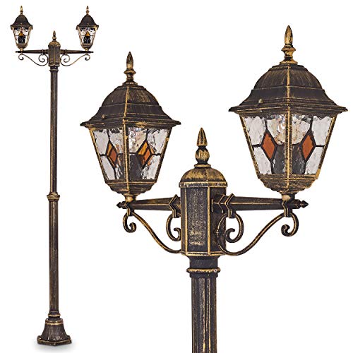 Lampione da Esterno Due Luci- Lampione da Giardino Design Classico- Illuminazione Vintage Vialetto Paralumi Vetro Decorato