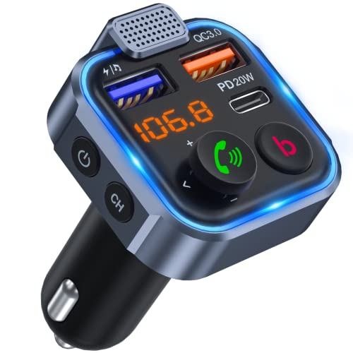 LENCENT Trasmettitore Bluetooth 5.0 per Auto, Musica Bluetooth Auto con Bassi Profondi e Suono Hi-Fi lossless, Ricarica Rapida Tipo-C PD 20W e QC3.0, Supporto Disco U-Luce Blu Sfumata