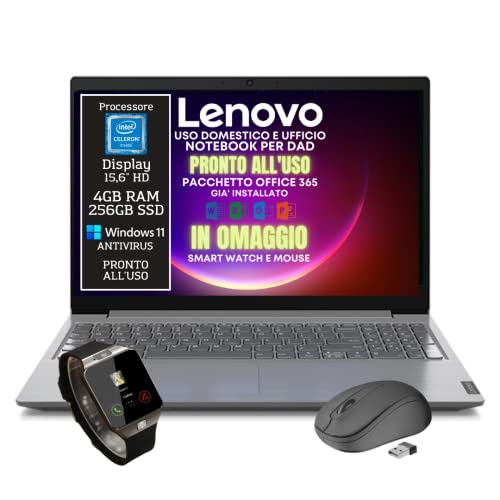 Lenovo, Pc portatile notebook DAD, Display HD da 15,6 , cpu Intel N4020, ram 4Gb, ssd m2 256Gb, windows 11 pro - PRONTO ALL USO - SMART WATCH E MOUSE IN OMAGGIO