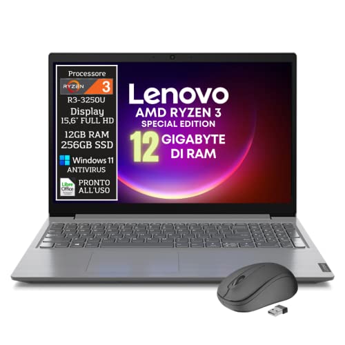 Lenovo Ryzen 3, Pc portatile notebook, Display FHD da 15,6 , Cpu R3-3250U fino a 3,5 ghz, Ram 12Gb, Ssd m2 256Gb, windows 11 pro, Computer portatile pronto all uso + mouse wireless