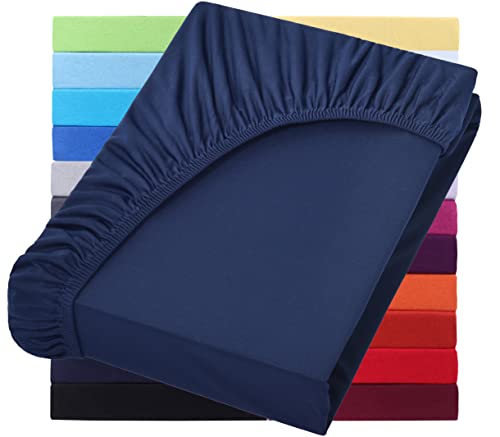 Lenzuolo con angoli NatureMark Jersey, lenzuolo con angoli elasticizzati, 100% cotone, in molte misure e colori. Marchio di qualità Oeko-Tex Standard 100., 100% cotone, blu navy, 120 x 200 cm