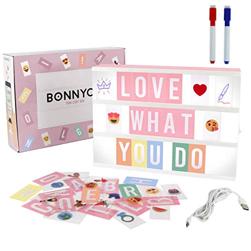 Light Box Rosa con 400 Lettere ed Emoji, 2 Pennarelli - BONNYCO | Lavagna Luminosa con Lettere Luminose Idee Regalo per Compleanno e Natale Bambina, Raggazza e Donna | Scritte Luminose Decorazioni