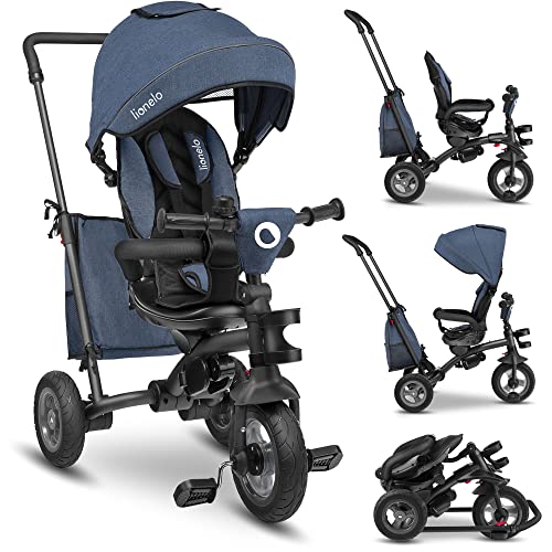 LIONELO Tris 2 in 1 triciclo bambini e passeggino sedile girevole 180 gradi regolabile e compatta con ruota libera borsa spaziosa e portabibite da 1,5 a 5 anni fino a 25 kg (blu)