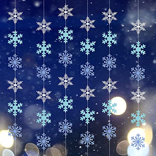 LOOPES 6 Pezzi 190cm Decorazioni Pendenti Fiocchi di Neve,Stringa di Fiocchi di Neve Glitterati Ornamenti Argento Blu Albero Natale Finestra Soffitto Parete Forniture Decorazioni di Natale
