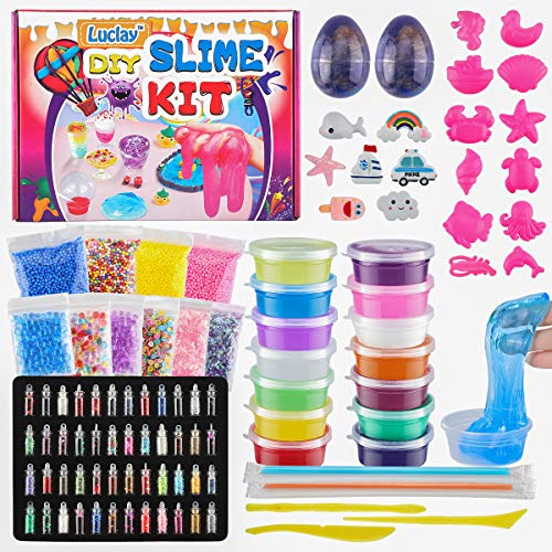 Luclay DIY Slime Kit per Fai da Te 12 Colori di Crystal Slime per Ragazze Ragazzi Giocattoli con 48 Glitter in Polvere, Slime Forniture per Bambini, Include Argilla, Fette di Frutta e Utensili